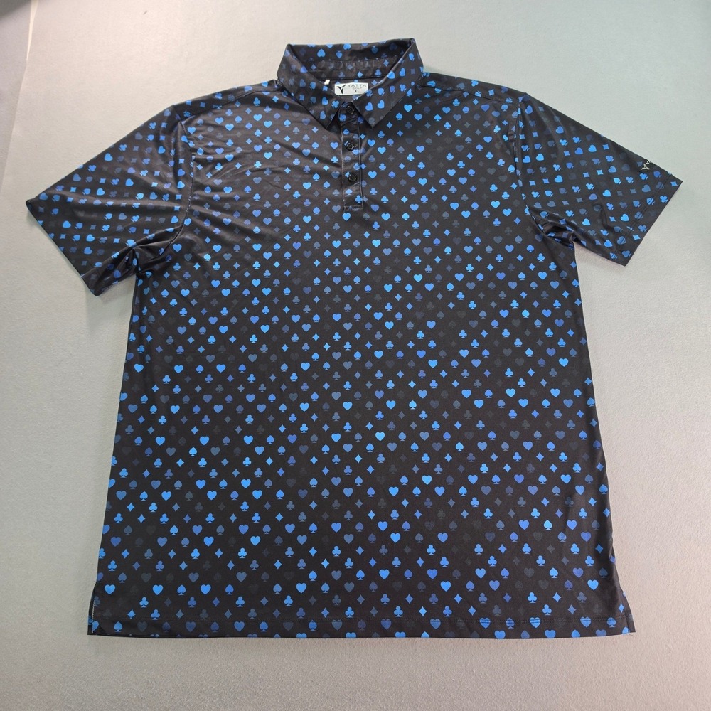 Yatta Golf Mens XL Polo Shirt Black Blue Playing Card Suit Print Performance
